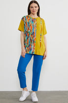 Desen Parçalı Taş Detaylı Bluz - Hardal (1) Sementa