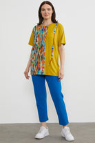 Desen Parçalı Taş Detaylı Bluz - Hardal (3) Sementa