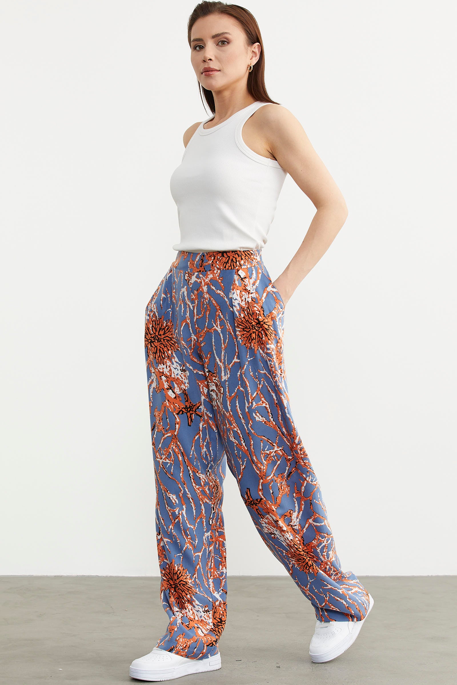 Desenli Geniş Kalıp Viskon Pantolon - Turuncu (2) Sementa