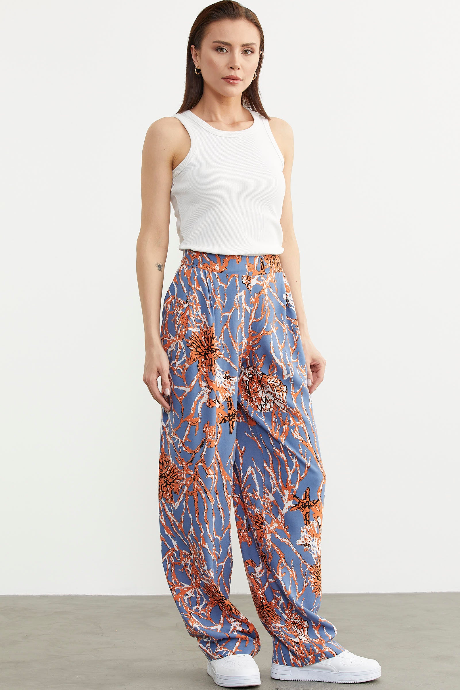 Desenli Geniş Kalıp Viskon Pantolon - Turuncu (4) Sementa