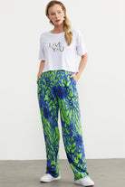 Desenli Geniş Kalıp Viskon Pantolon - Yeşil (2) Sementa