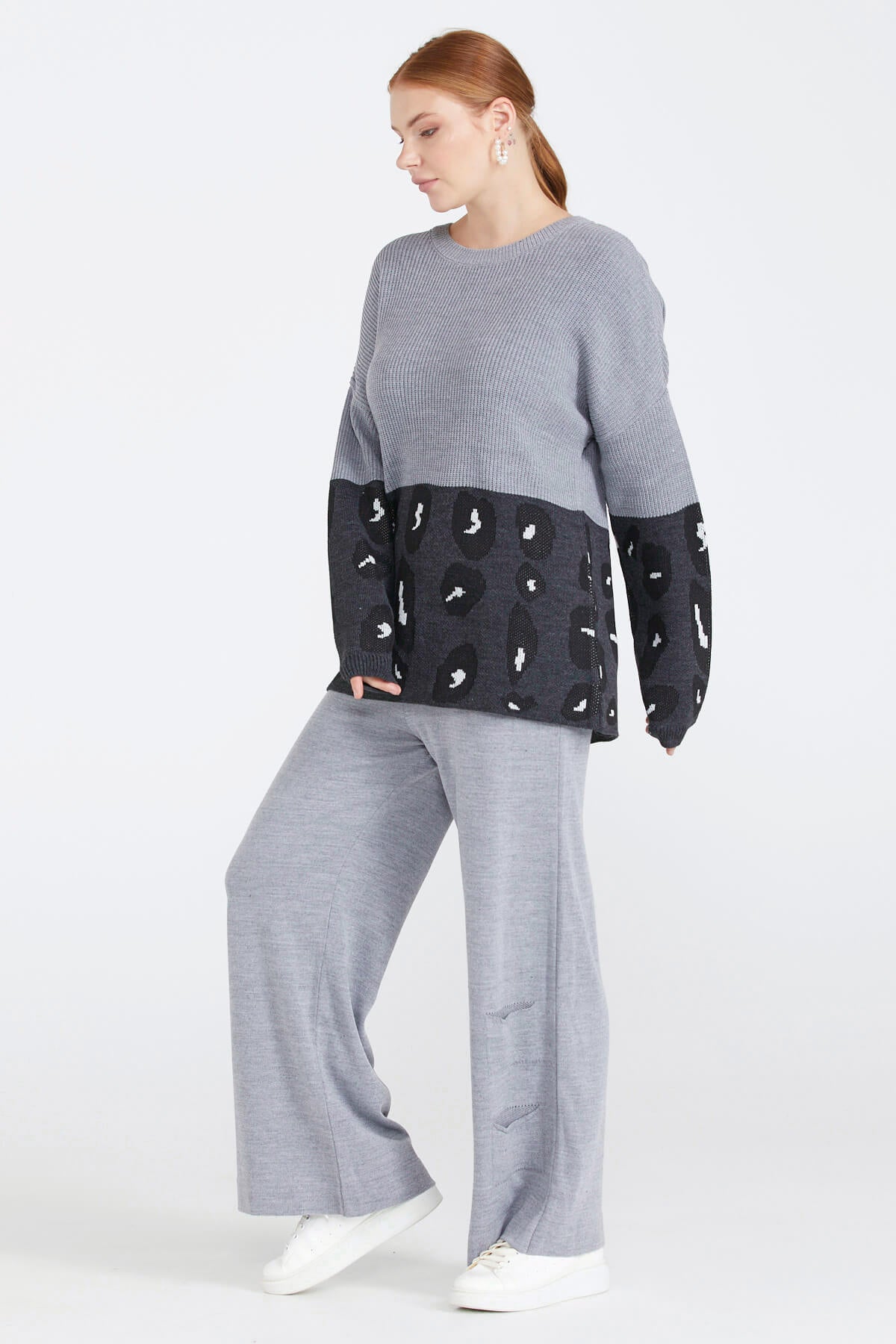 Desenli Kadın Triko Kazak - Gri (4) Sementa