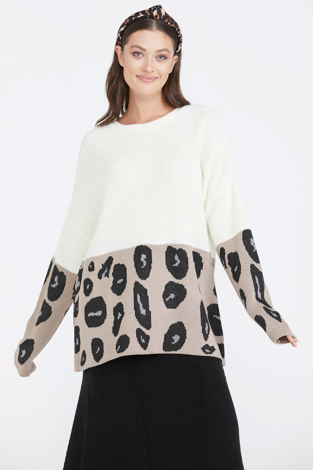 Desenli Kadın Triko Kazak - Kemik (3) Sementa