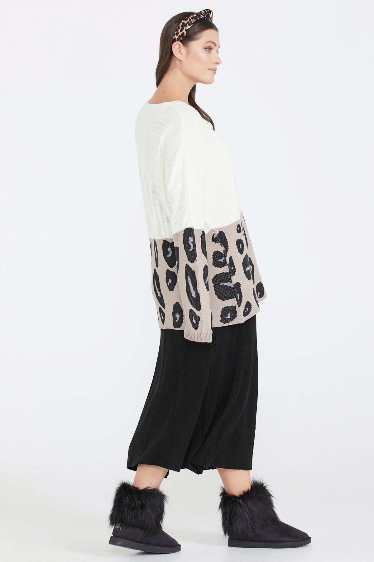 Desenli Kadın Triko Kazak - Kemik (4) Sementa