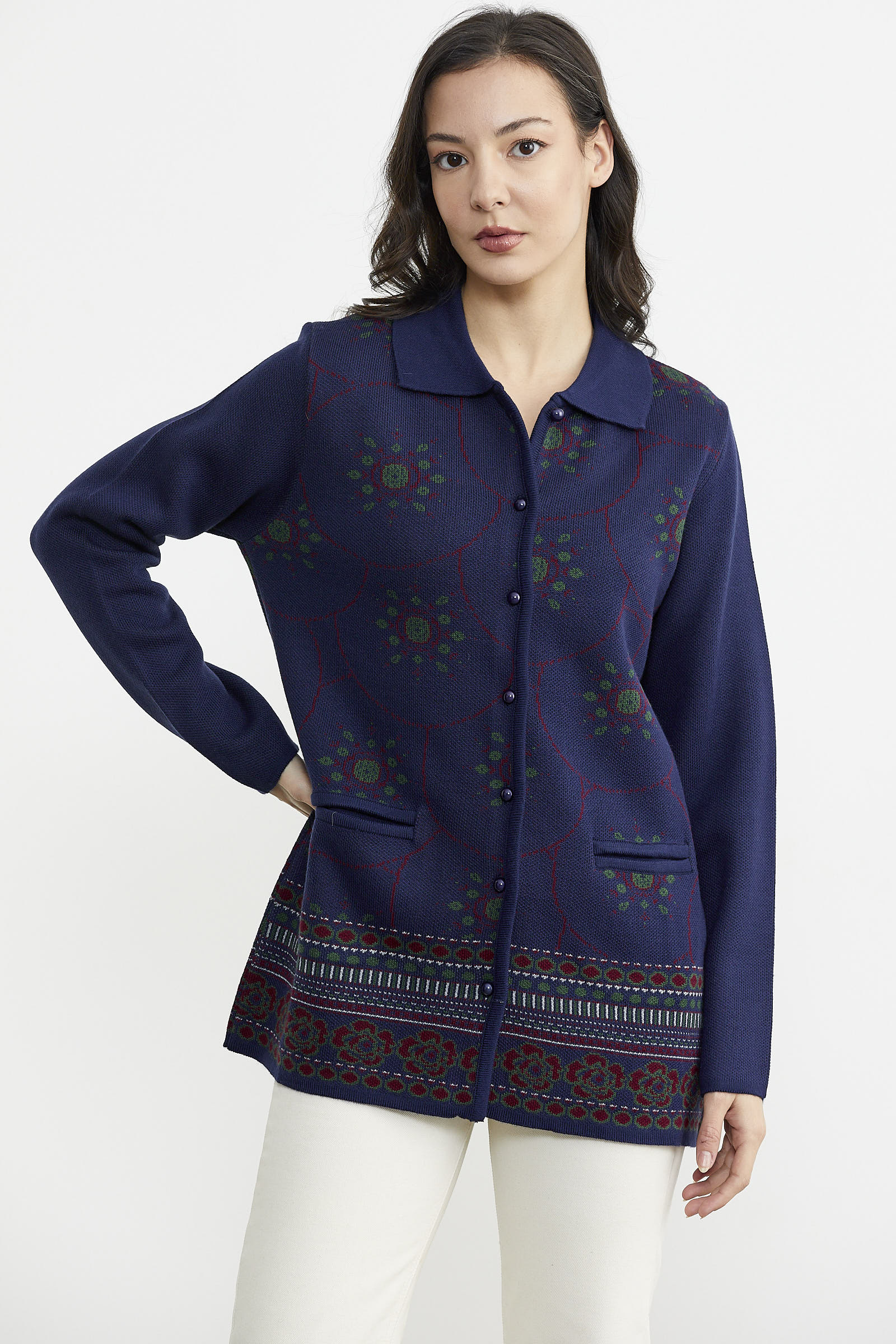 Desenli Kalın Triko Ceket - Lacivert (2) Sementa