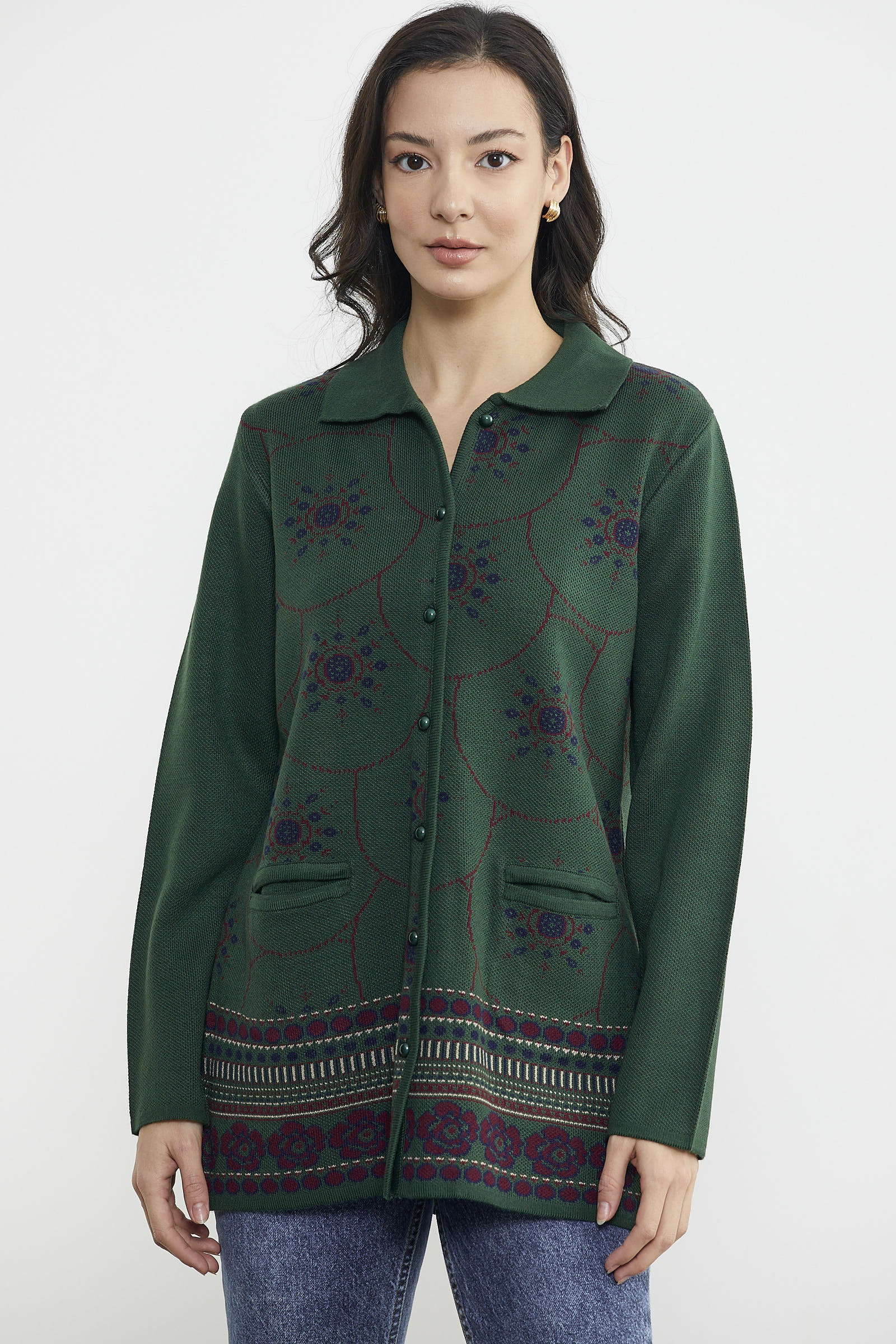 Desenli Kalın Triko Ceket - Yeşil (1) Sementa