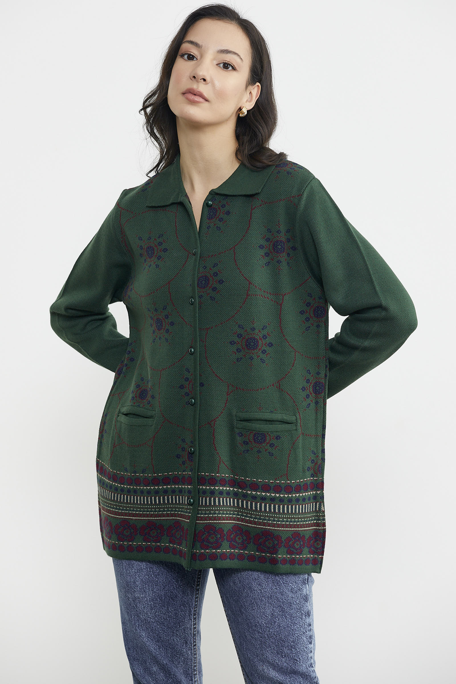 Desenli Kalın Triko Ceket - Yeşil (4) Sementa