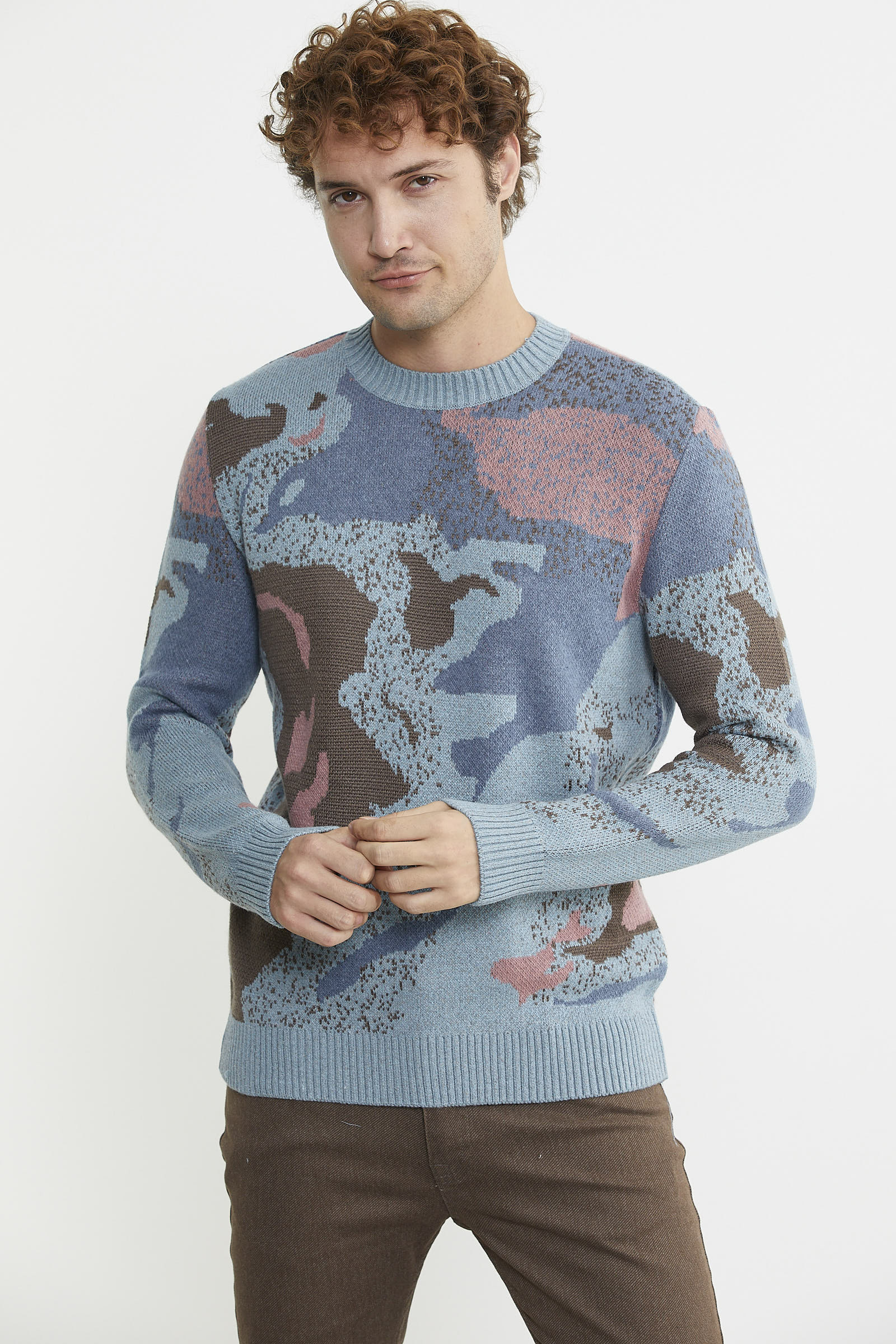 Desenli Kırçıllı Yün Triko Kazak - Mavi - Sementa