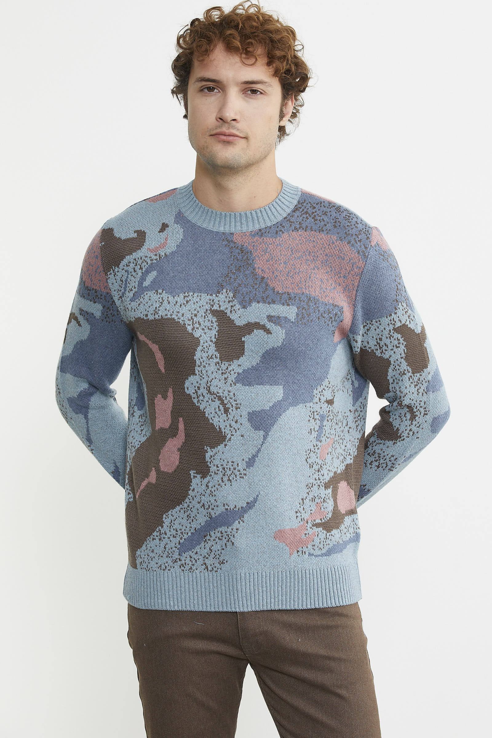 Desenli Kırçıllı Yün Triko Kazak - Mavi - Sementa