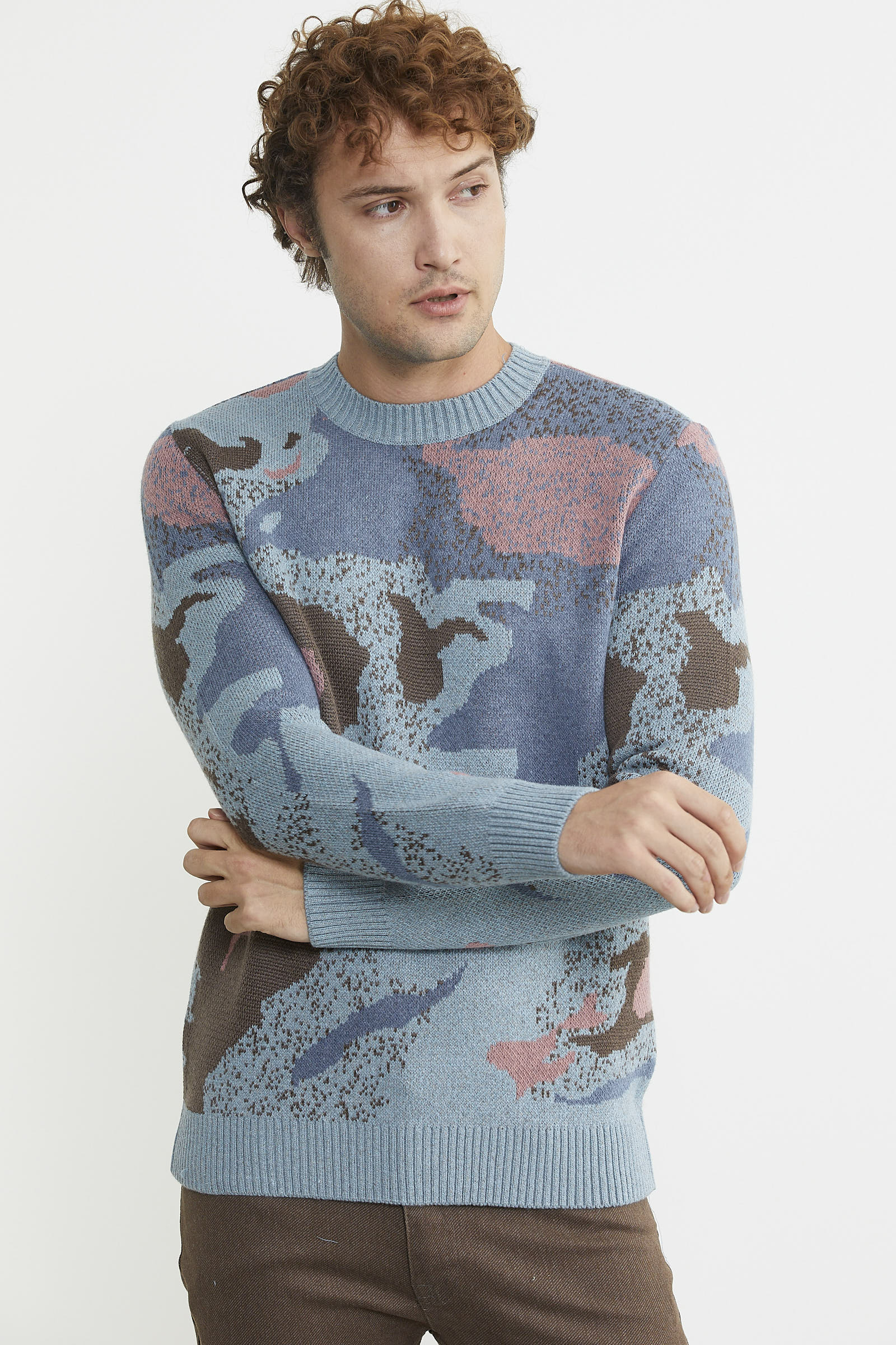 Desenli Kırçıllı Yün Triko Kazak - Mavi - Sementa