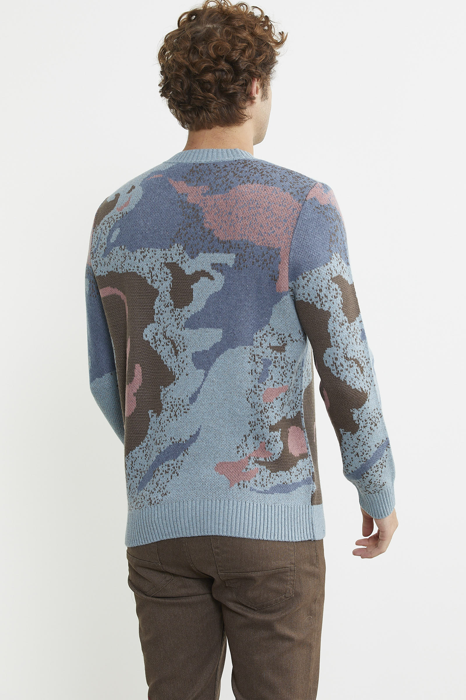 Desenli Kırçıllı Yün Triko Kazak - Mavi - Sementa