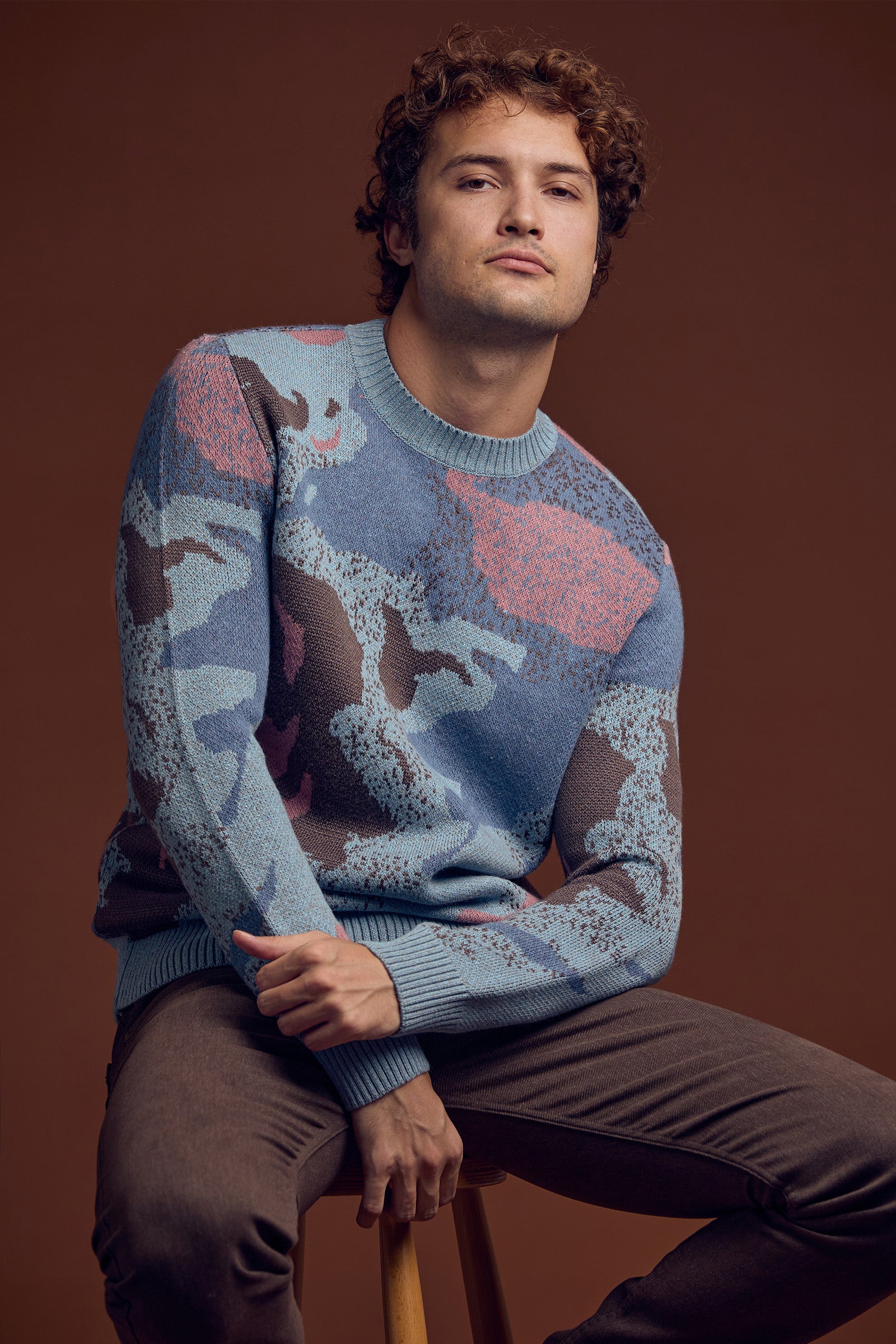 Desenli Kırçıllı Yün Triko Kazak - Mavi - Sementa