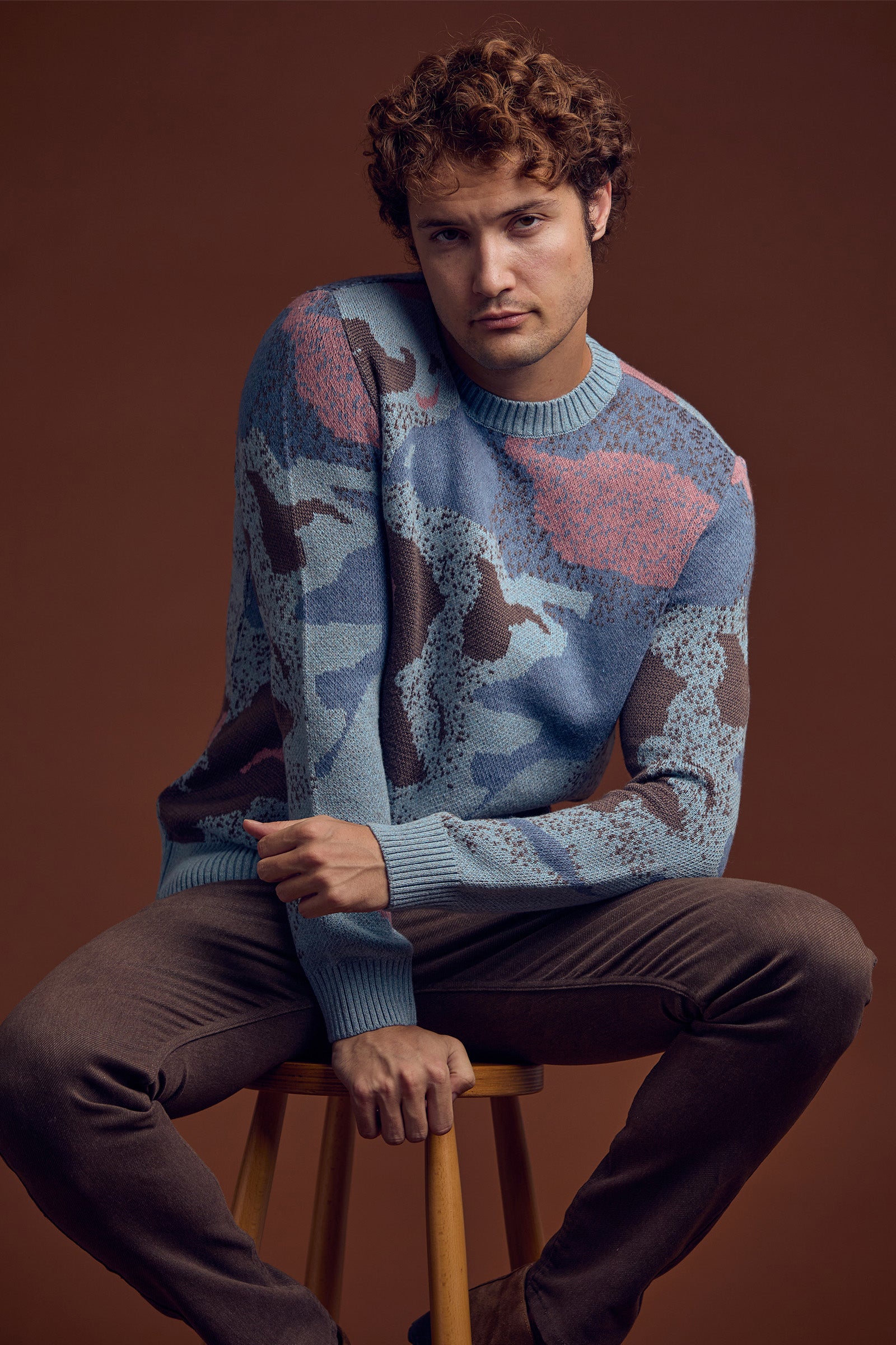 Desenli Kırçıllı Yün Triko Kazak - Mavi - Sementa