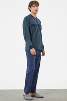 Desenli Rahat Kalıp Pamuk Pijama Takım - Lacivert (2) Sementa