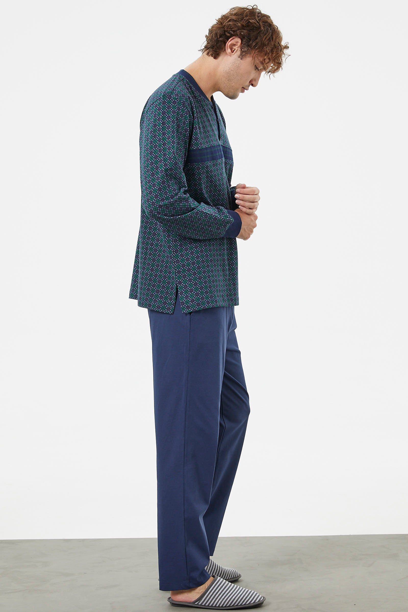 Desenli Rahat Kalıp Pamuk Pijama Takım - Lacivert (4) Sementa