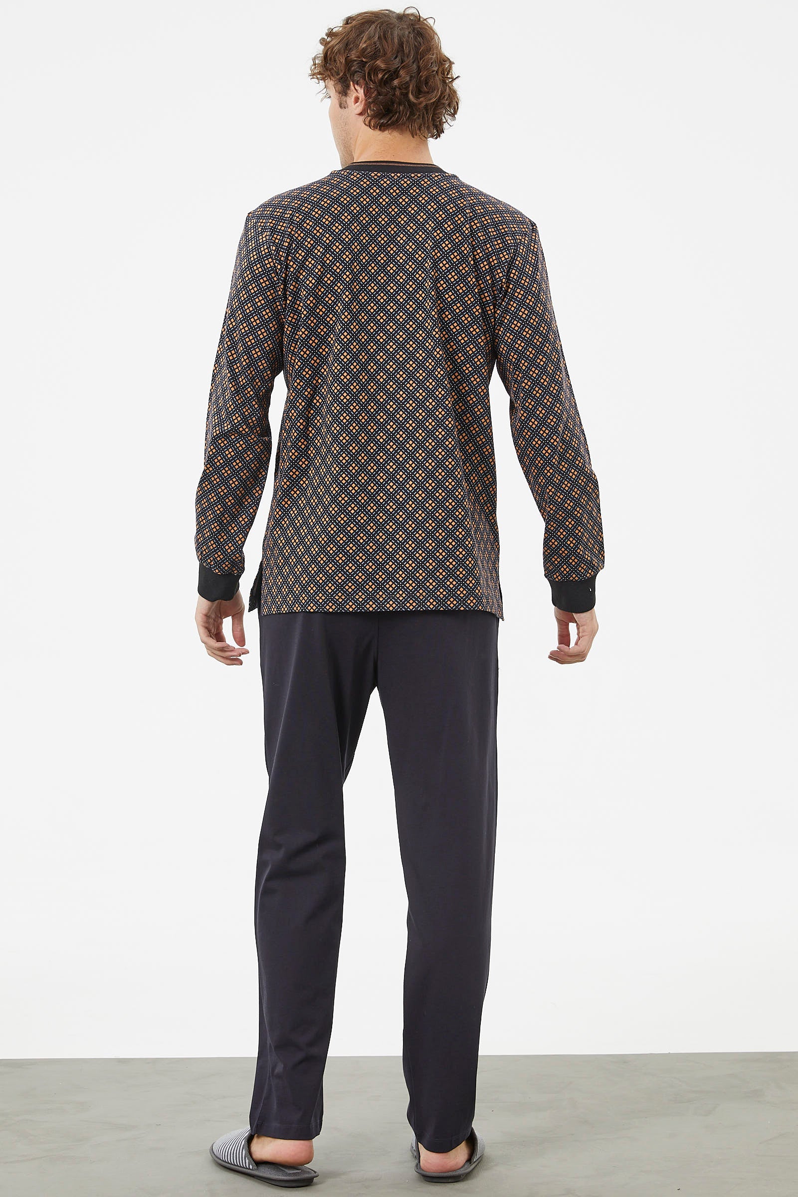 Desenli Rahat Kalıp Pamuk Pijama Takım - Siyah (6) Sementa