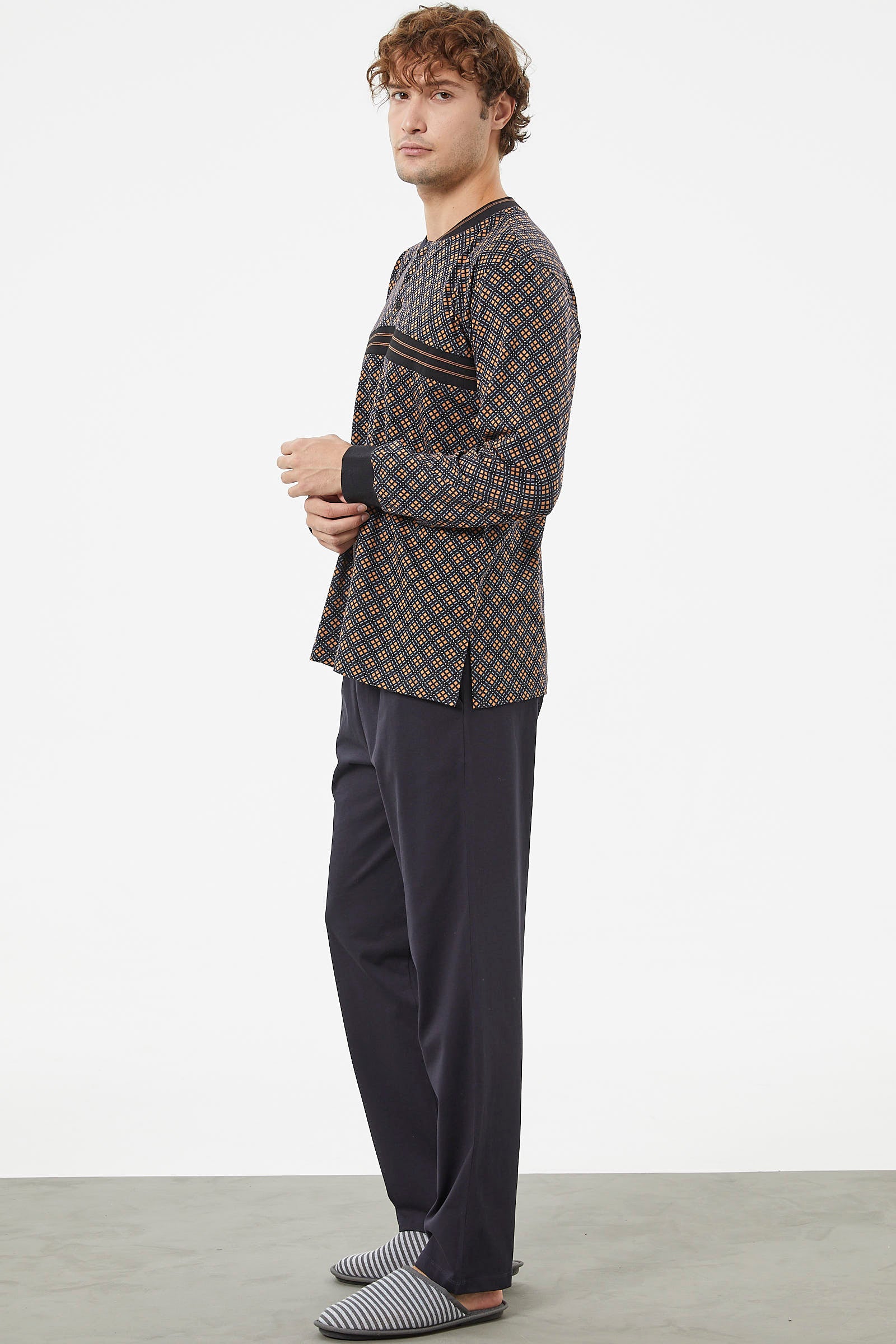 Desenli Rahat Kalıp Pamuk Pijama Takım - Siyah (5) Sementa