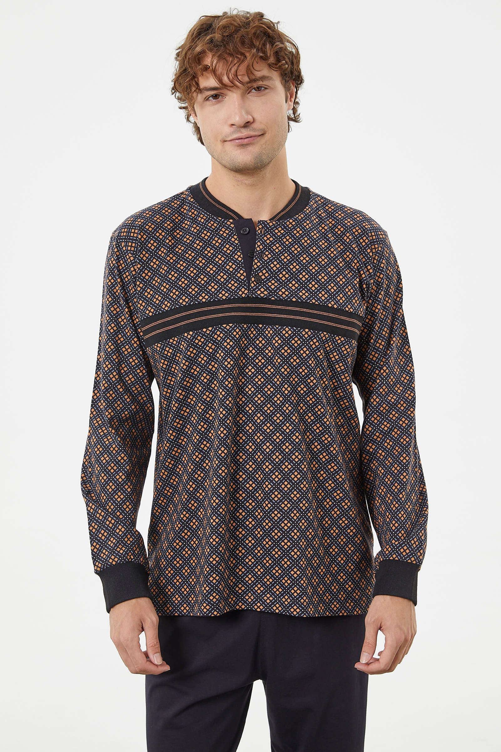 Desenli Rahat Kalıp Pamuk Pijama Takım - Siyah (3) Sementa