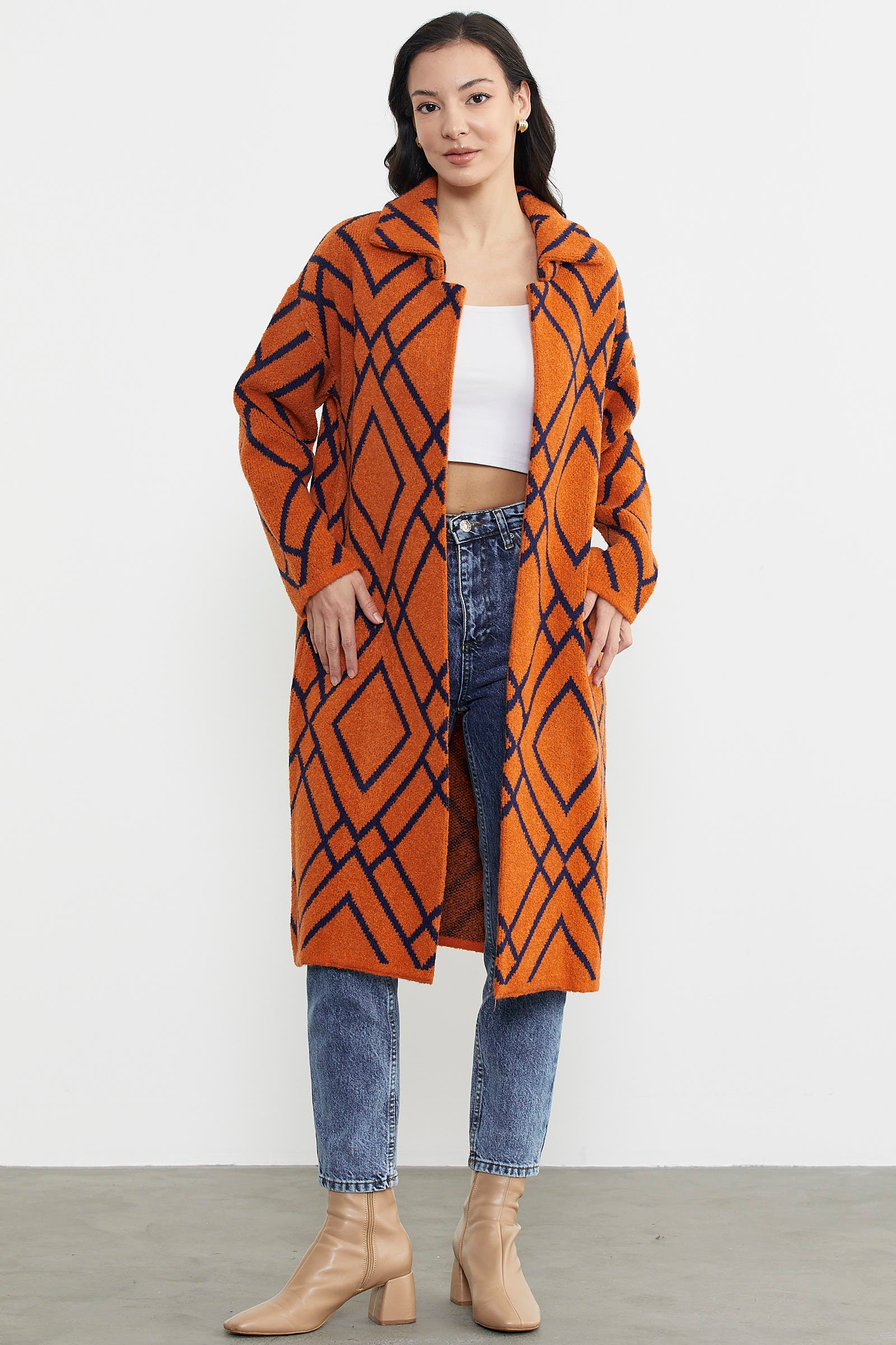 Desenli Uzun Triko Ceket - Oranj (2) Sementa