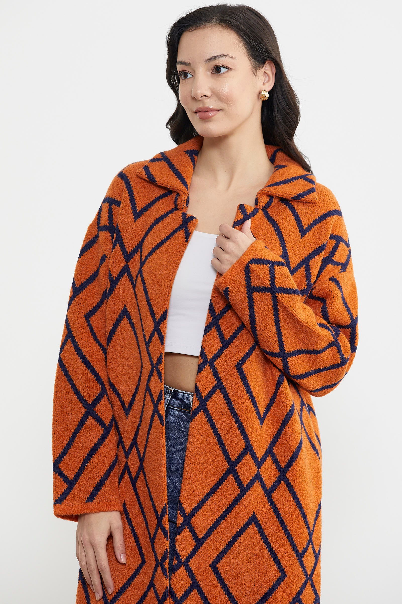 Desenli Uzun Triko Ceket - Oranj (3) Sementa