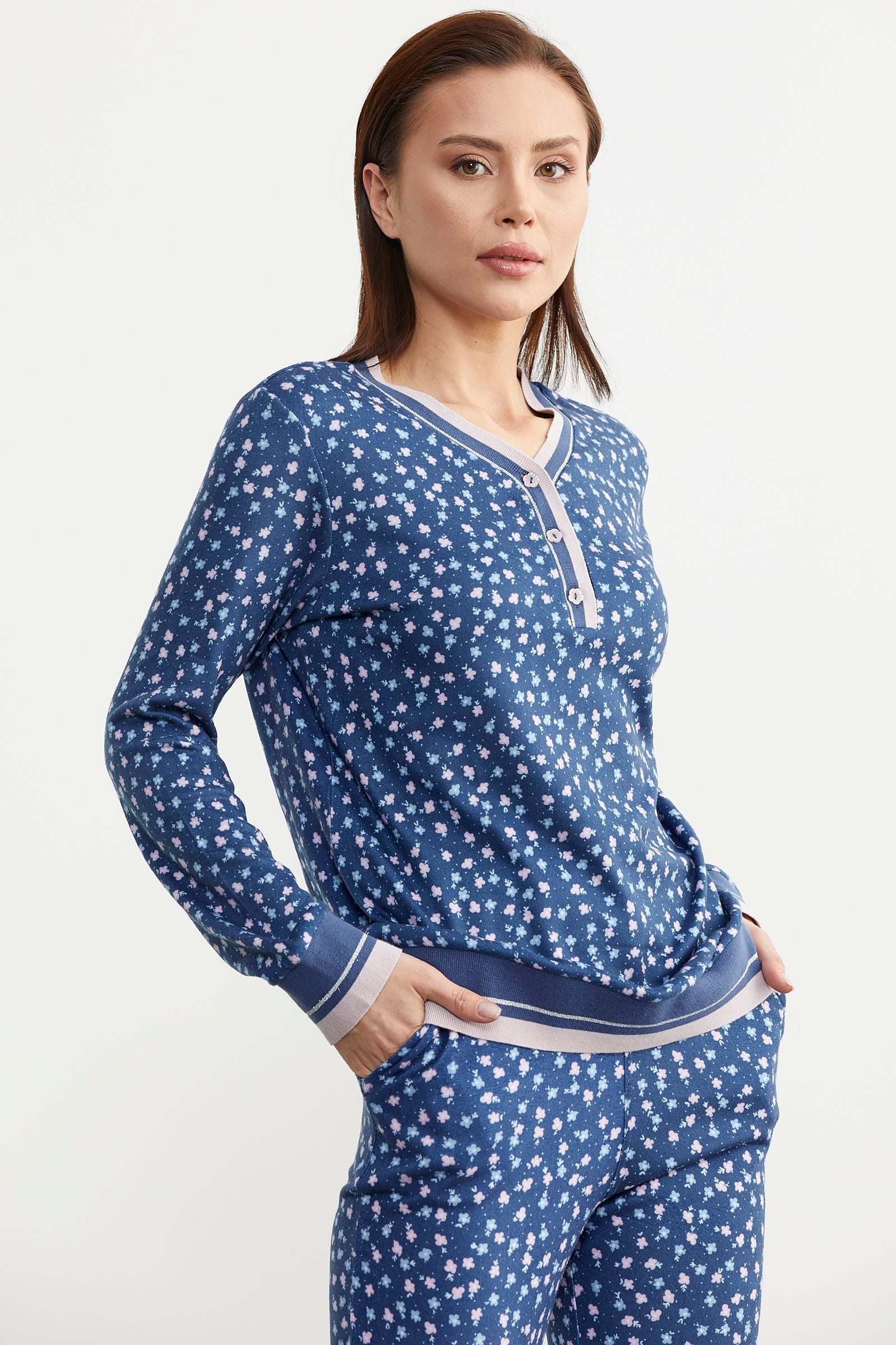 Desenli Yumoş Pijama Takım - Mavi (3) Sementa