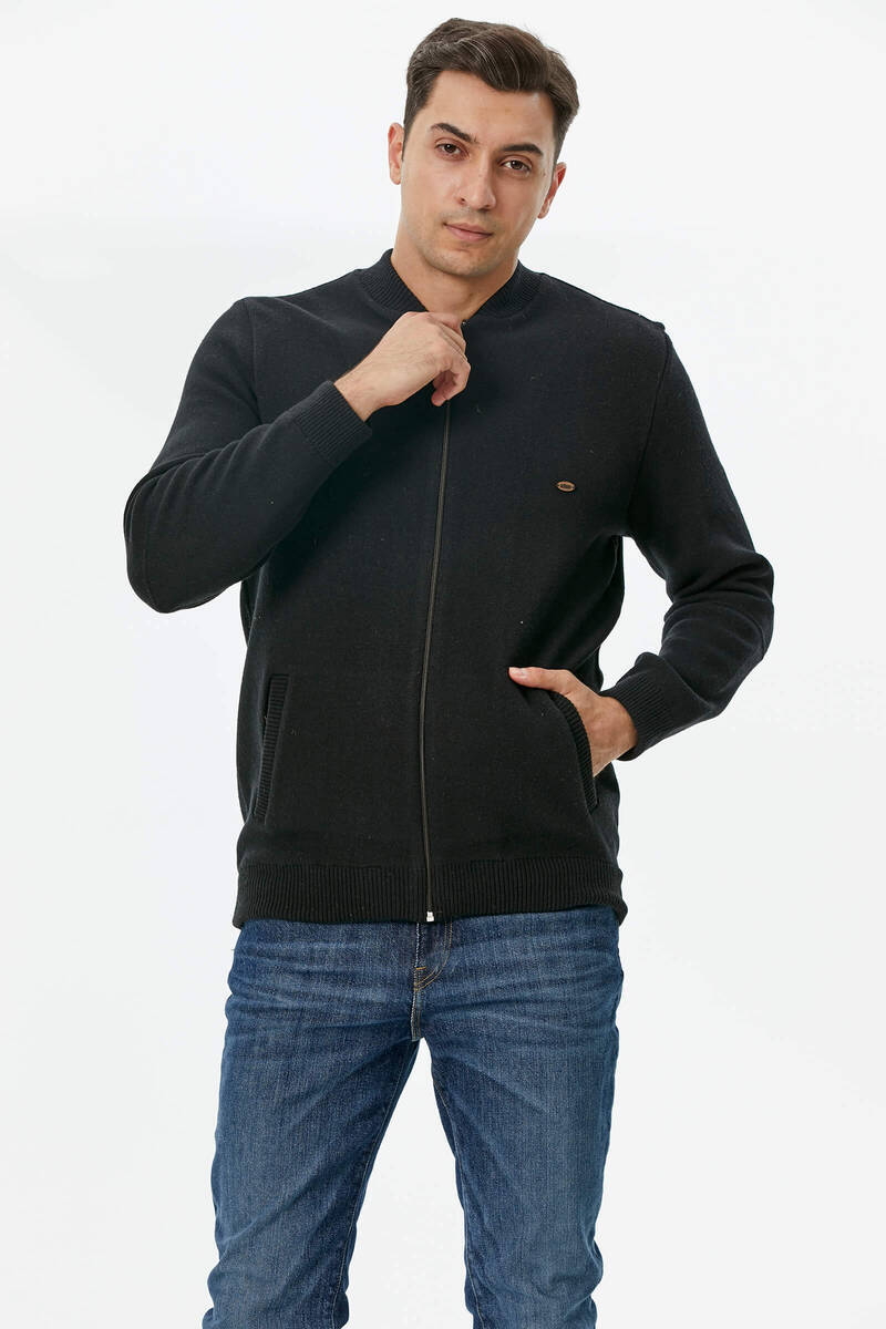 Dik Yaka Fermuarlı Cepli Triko Hırka - Siyah (3) Sementa