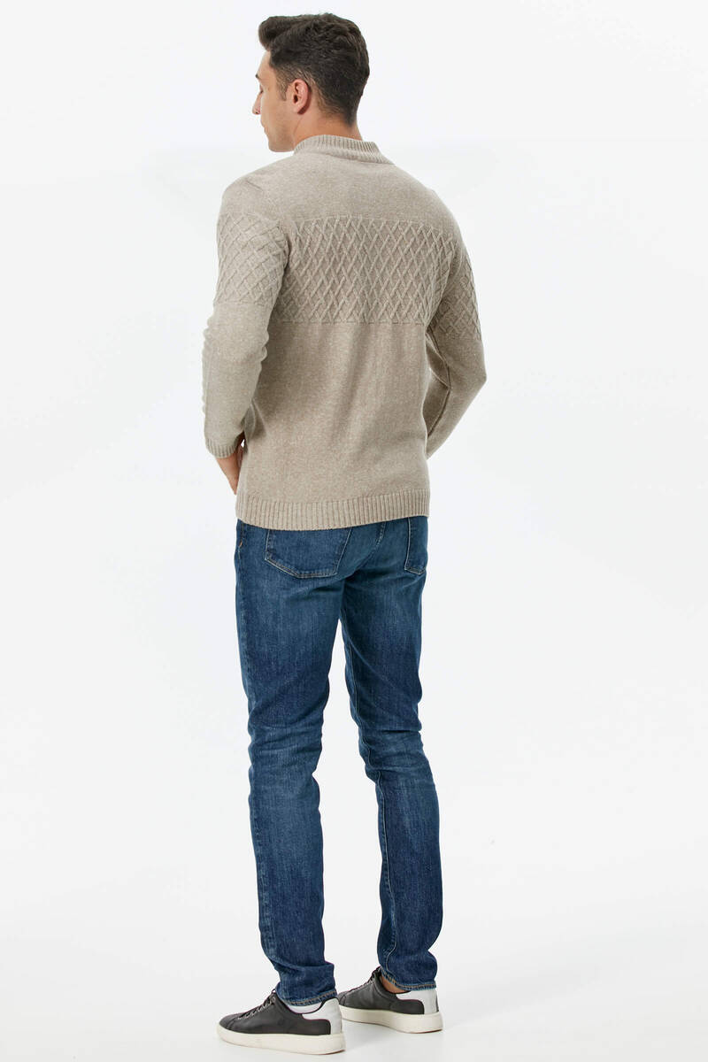 Dik Yaka Fermuarlı Cepli Triko Hırka - Vizon (4) Sementa