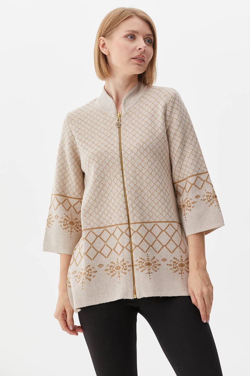 Dik Yaka Fermuarlı Taşlı Triko Hırka - Açık Bej (2) Sementa