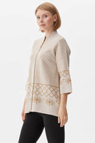 Dik Yaka Fermuarlı Taşlı Triko Hırka - Açık Bej (3) Sementa