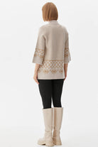 Dik Yaka Fermuarlı Taşlı Triko Hırka - Açık Bej (4) Sementa