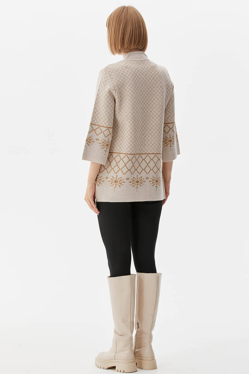 Dik Yaka Fermuarlı Taşlı Triko Hırka - Açık Bej (4) Sementa