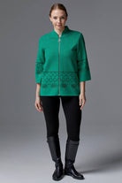 Dik Yaka Fermuarlı Taşlı Triko Hırka - Yeşil (1) Sementa