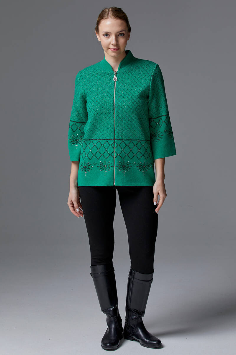 Dik Yaka Fermuarlı Taşlı Triko Hırka - Yeşil (1) Sementa