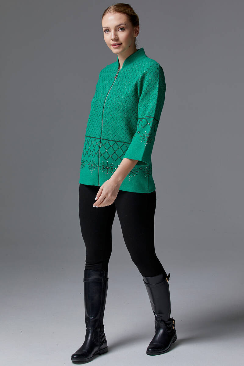Dik Yaka Fermuarlı Taşlı Triko Hırka - Yeşil (3) Sementa