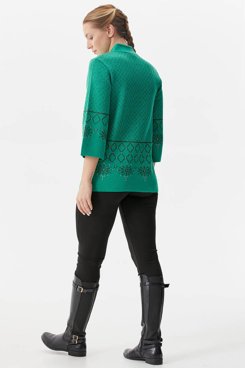 Dik Yaka Fermuarlı Taşlı Triko Hırka - Yeşil (4) Sementa
