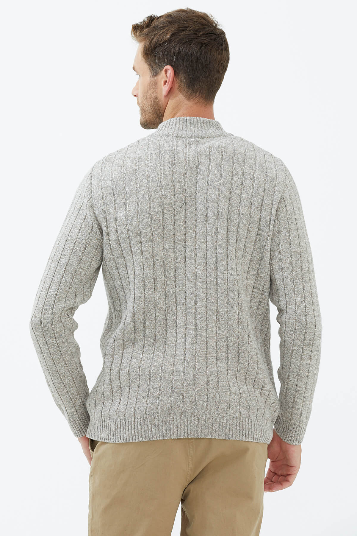 Dik Yaka Fermuarlı Triko Kazak - Sütlü Kahve (4) Sementa