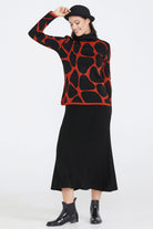 Dik Yaka Kadın Desenli Triko Kazak - Taba - Siyah (3) Sementa