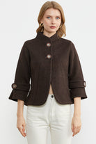 Dik Yaka Kalın Yünlü Triko Ceket - Kahve - Vizon (1) Sementa