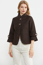 Dik Yaka Kalın Yünlü Triko Ceket - Kahve - Vizon (2) Sementa