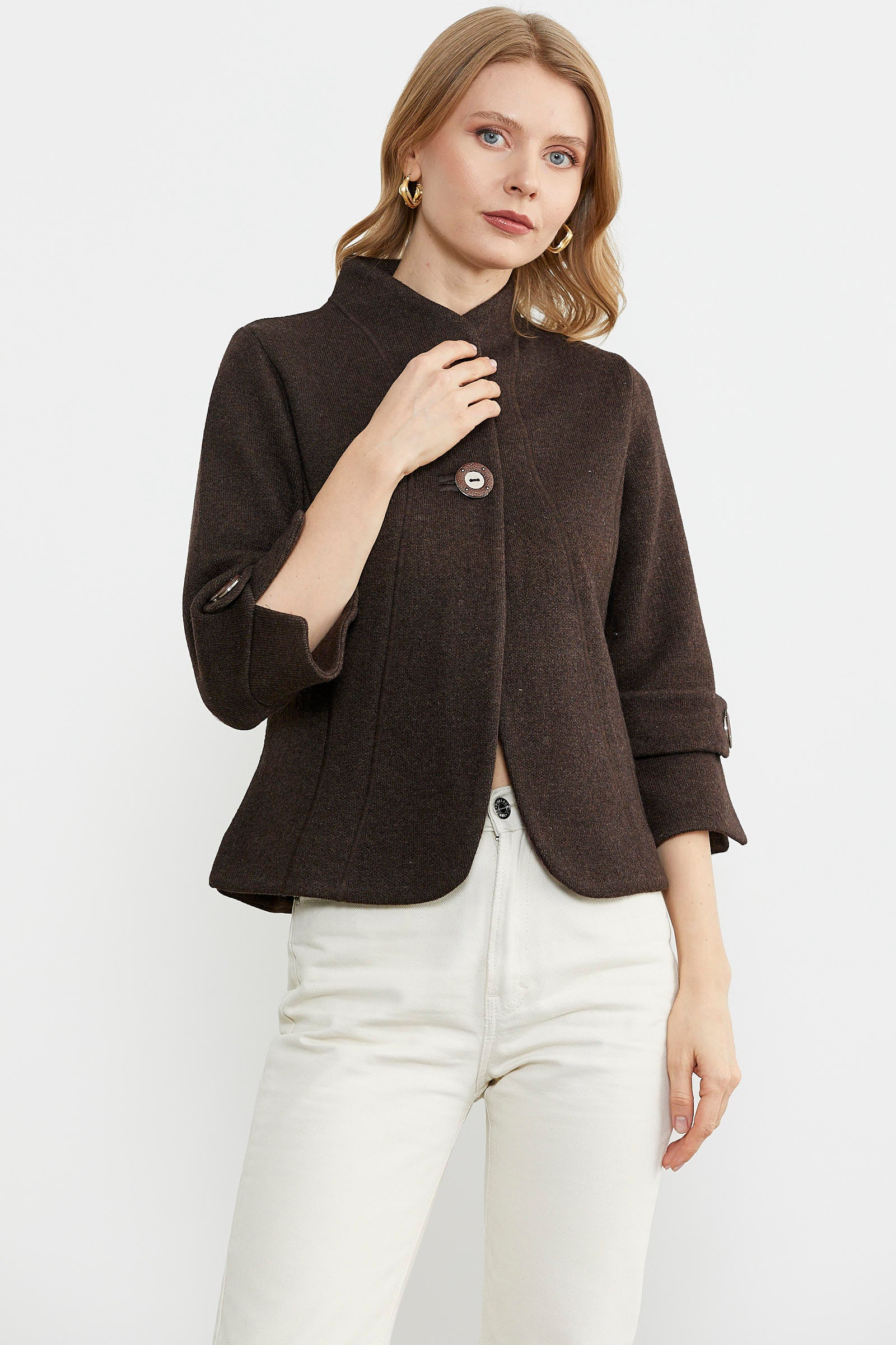 Dik Yaka Kalın Yünlü Triko Ceket - Kahve - Vizon (3) Sementa