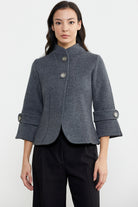 Dik Yaka Kalın Yünlü Triko Ceket - Koyu Gri - Siyah (1) Sementa