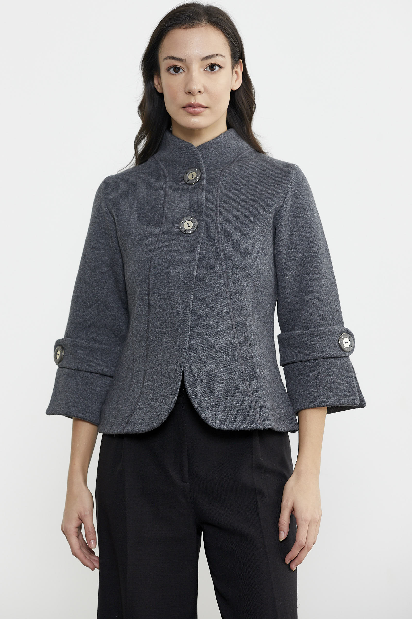 Dik Yaka Kalın Yünlü Triko Ceket - Koyu Gri - Siyah (1) Sementa