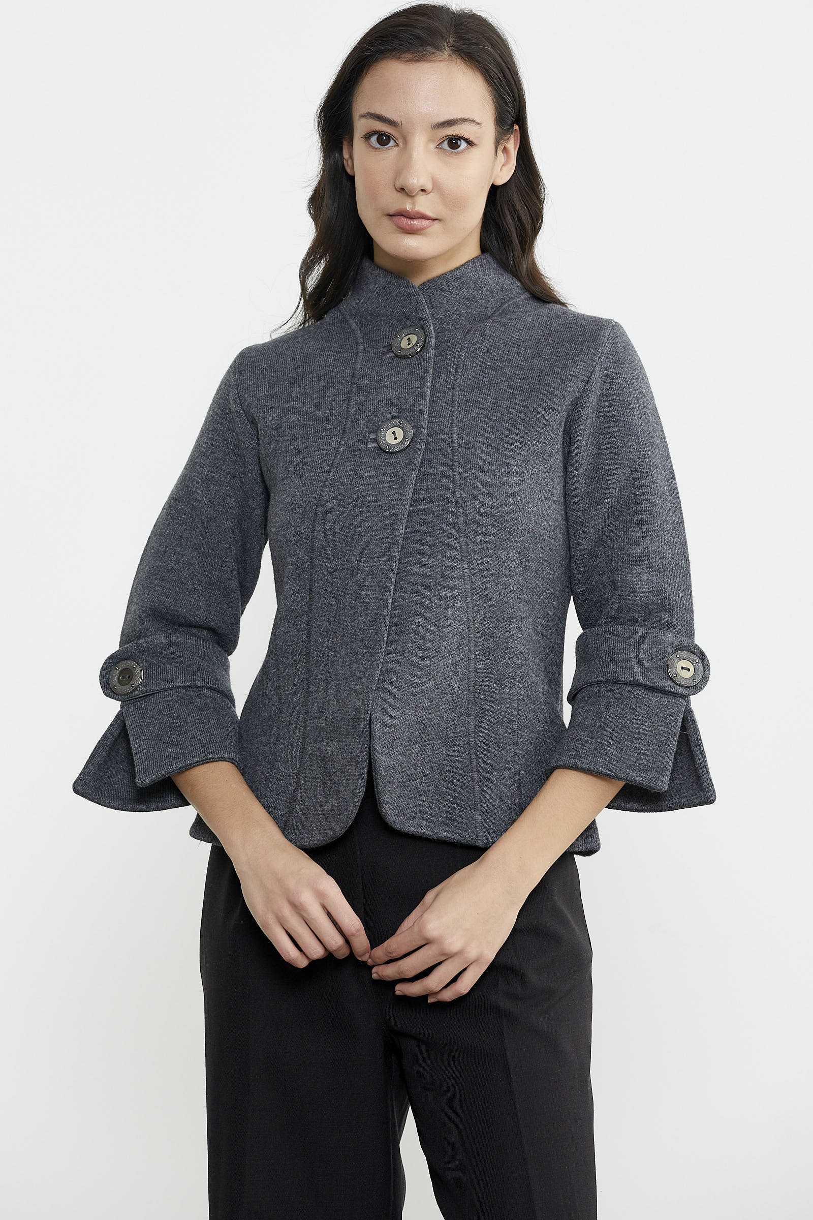 Dik Yaka Kalın Yünlü Triko Ceket - Koyu Gri - Siyah (2) Sementa