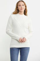 Dik Yaka Motifli Triko Kazak - Kemik - Sementa