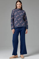 Dik Yaka Sim Detaylı Desenli Triko Kazak - Indigo (1) Sementa