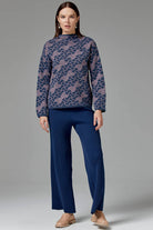 Dik Yaka Sim Detaylı Desenli Triko Kazak - Indigo (2) Sementa