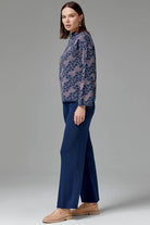 Dik Yaka Sim Detaylı Desenli Triko Kazak - Indigo (4) Sementa