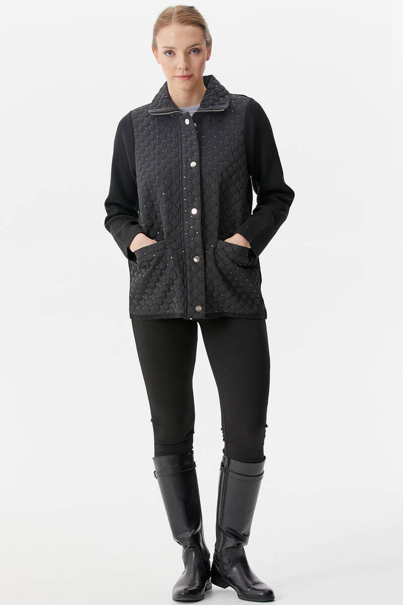 Dik Yaka Zımbalı Önü Kapitone Triko Ceket - Siyah (4) Sementa