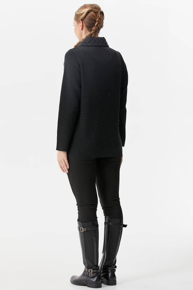 Dik Yaka Zımbalı Önü Kapitone Triko Ceket - Siyah (6) Sementa