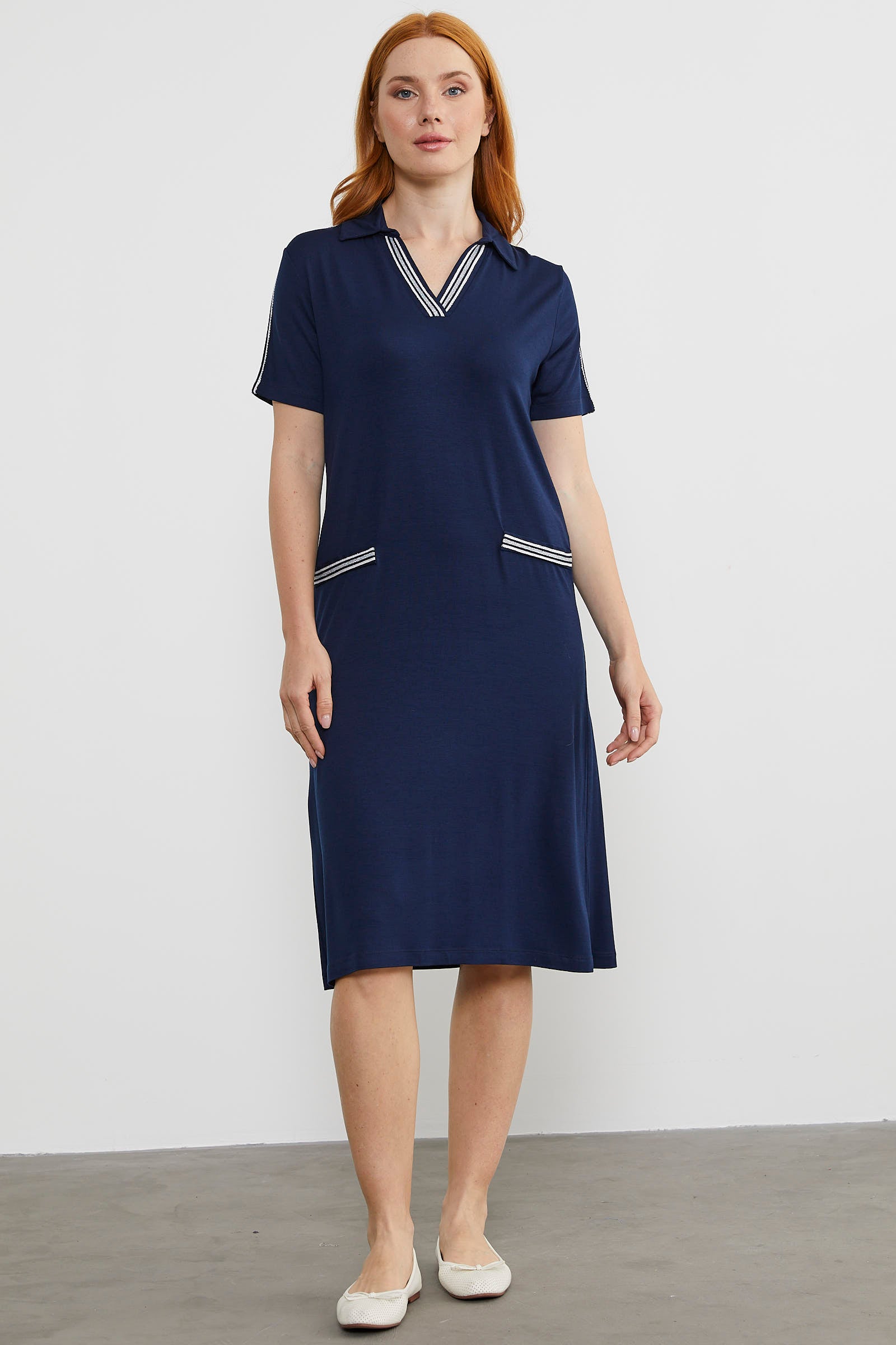 Dökümlü Açık Polo Yaka Elbise - Lacivert (1) Sementa
